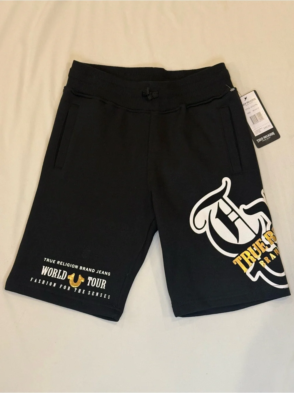 True Religion World Tour Sweat Shorts Kids M 10/12 Black Gold Foil NWT